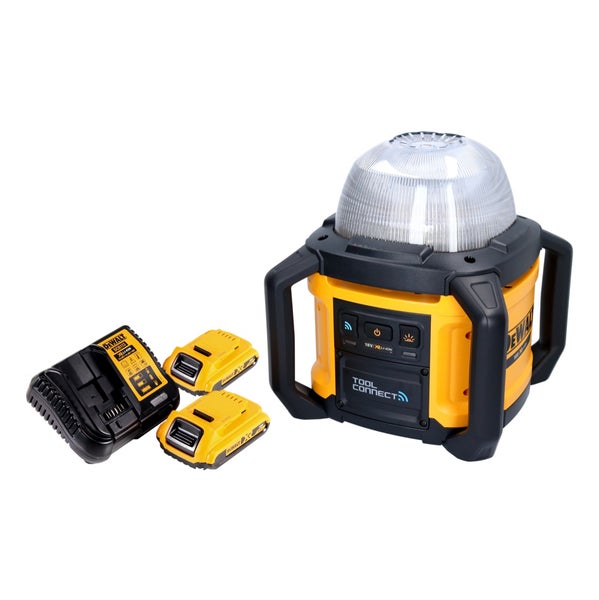 DeWalt Akku-Baustrahler mit Tool Connect, zwei Akkus und einem Ladegerät.