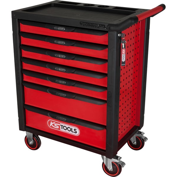 Roter KS Tools Racing Line Werkstattwagen mit 7 Schubladen, belastbar bis 350 Kilogramm, abschließbar, Maße 976 mal 788 mal 496 Millimeter.