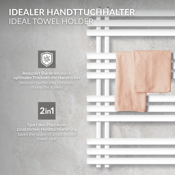 LuxeBath Badheizkörper Iron EM 600x1000 mm Weiß Mittelanschluss mit Anschlussgarnitur Thermostat Durchgang Boden, Design Heizkörper Bad Heizung Handtuchwärmer Handtuchtrockner Handtuchheizkörper