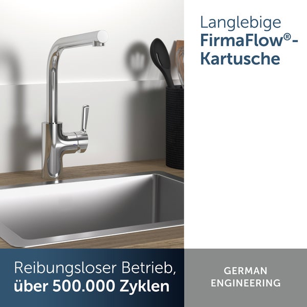 Moderne Küchenarmatur an einer Spüle mit robuster Kartusche und Text für langlebigen Betrieb