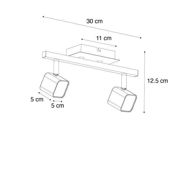 Technische Zeichnung einer Deckenleuchte mit zwei Strahlern und Maßangaben