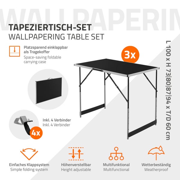 ECD Germany 3-teilig Tapeziertisch klappbar 100x60 cm, Schwarz, Alu Multifunktionstisch, höhenverstellbarer Mehrzwecktisch, Arbeitstisch bis 30 kg belastbar, Flohmarkttisch Campingtisch, mit Verbinder