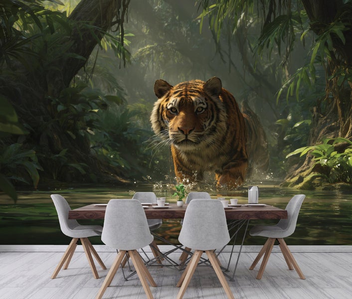 Fototapete mit Dschungelmotiv und Tiger als Wandgestaltung in einem modern eingerichteten Esszimmer mit Holztisch und hellen Stühlen