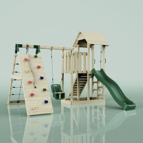 Spielplatz mit Kletterwand, Schaukel und Rutsche aus Holz