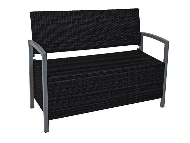 Gartenbank mit Stauraum, Zweisitzer, Polyrattan-Geflecht in Anthrazit, graues Metallgestell.