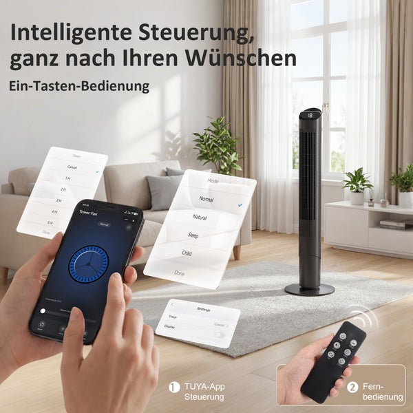 Moderner schwarzer Turmventilator in einem hellen Wohnzimmer, gesteuert über die TUYA-App auf einem Smartphone und eine Fernbedienung.