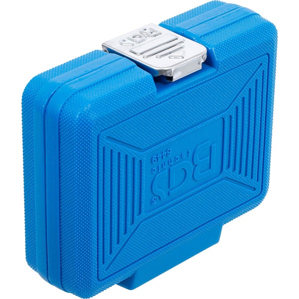 Blauer Werkzeugkoffer mit silberfarbenem Verschluss