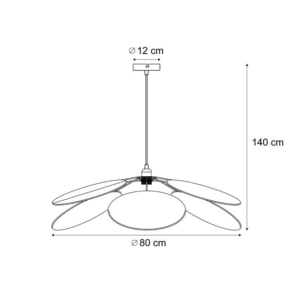 Maßzeichnung einer Pendelleuchte: Gesamthöhe 140 Zentimeter, Schirmdurchmesser 80 Zentimeter, Baldachindurchmesser 12 Zentimeter.