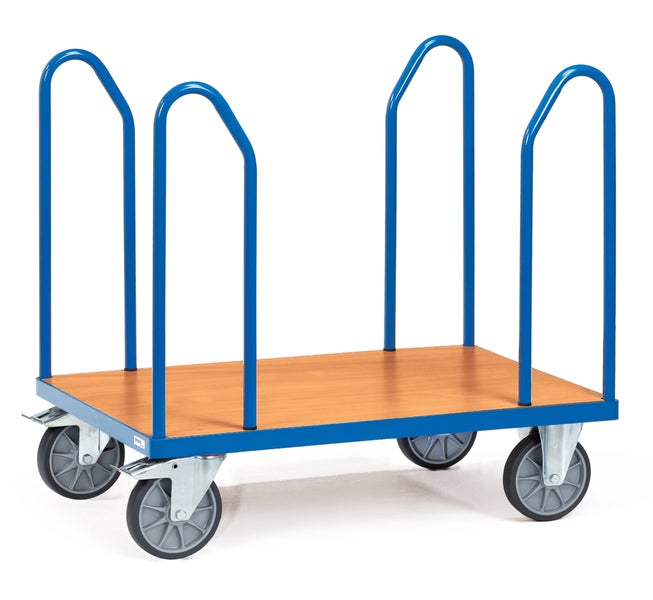 Plattformwagen mit Holzplatte und blauen Stahlrohrbügeln