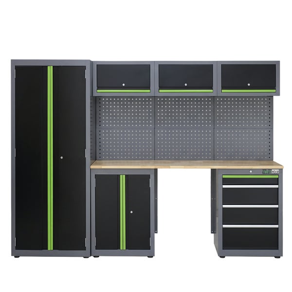 Werkbankkombination mit Werkzeugschrank, Hängeschränken, Lochwand und Schubladenelement