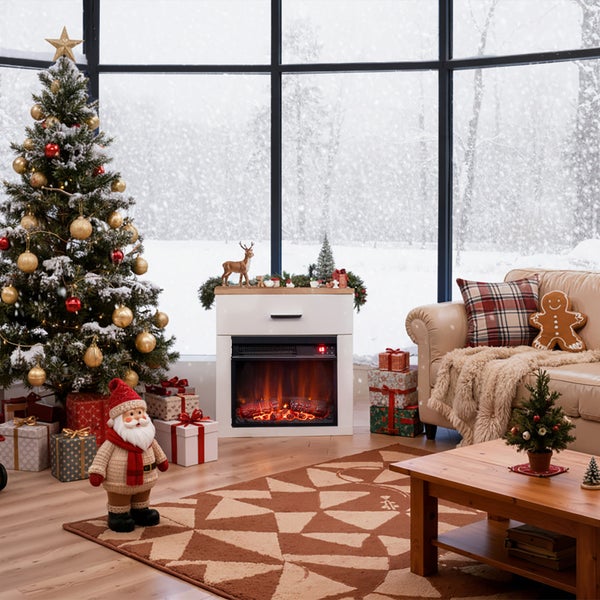 Weihnachtliches Wohnzimmer mit Weihnachtsbaum, Geschenken, Kamin und Dekorationen vor einem Fenster mit Schneefall