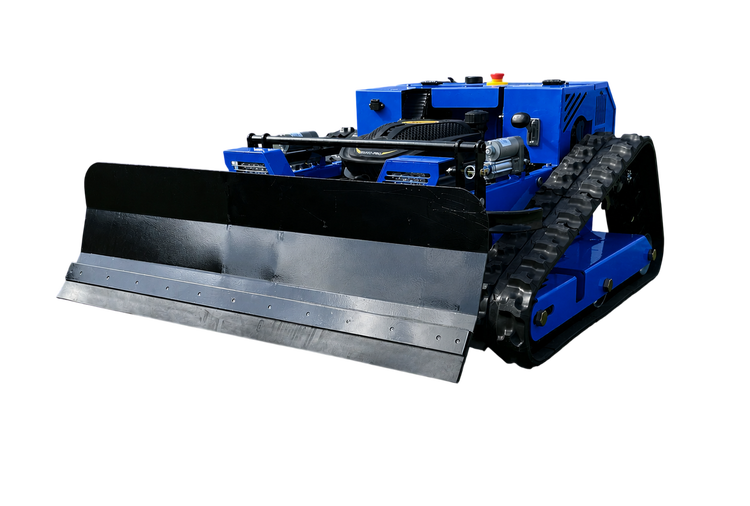 Blaue ferngesteuerte Kettenmaschine mit großem schwarzen Frontschild für Erdarbeiten und Landschaftsbau.