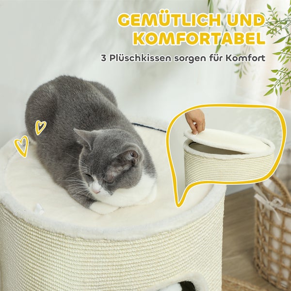 PawHut Kratztonne, 69 cm Hoch, Teilbare Katzentonne, Katzenturm mit 2 Höhle, Spielball, Katzenturm, Kratzbaum für Katzen bis 5 kg, Cremeweiß
