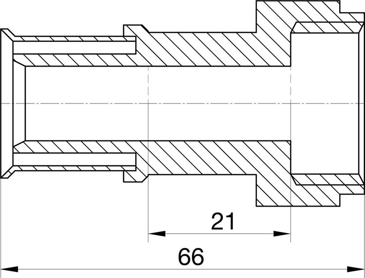 Technische Zeichnung einer Rohrverschraubung im Querschnitt mit den Maßen 21 und 66.
