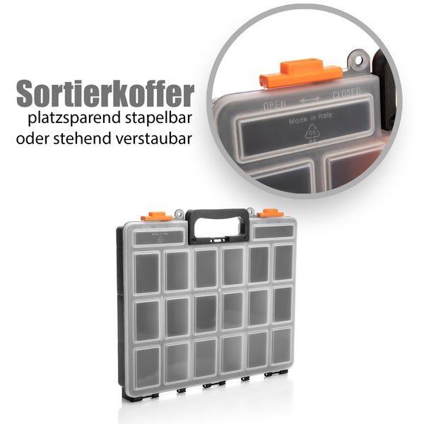 BigDean 2 Stück Sortimentskasten stapelbar 38x33x6cm praktische Sortierbox mit 16 Fächern – Werkzeugkoffer leer Organizer Box Sortierkasten - Sortierboxen für Kleinteile - Made in Italy