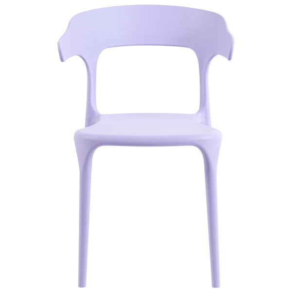 Moderner Kunststoffstuhl in Lila mit ergonomisch geformter Rückenlehne.