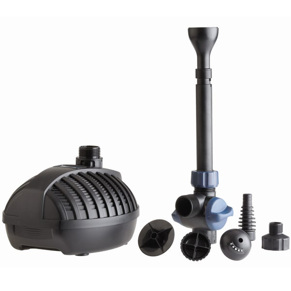 Teichpumpen-Set mit Wasserspiel-Aufsätzen, Teleskopsteigrohr und verschiedenen Düsen für unterschiedliche Wasserbilder.