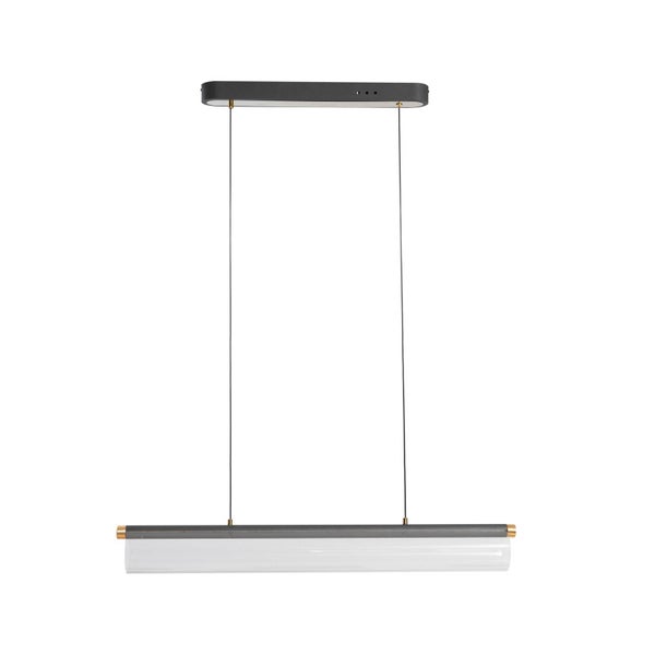 Moderne Pendelleuchte in länglicher Form mit schwarzer Deckenhalterung, klarem Acrylglas und Messing-Akzenten.