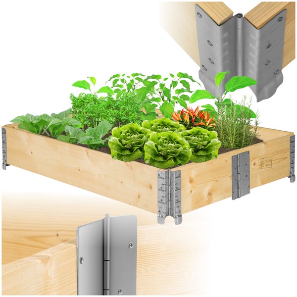 Hochbeet aus Holz mit Gemüsepflanzen und Eckverbindern aus Metall