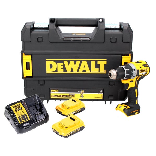 DeWalt Akku-Bohrschrauber Set inklusive zwei 18 Volt Lithium Ionen Akkus, einem Ladegerät und einem stabilen Transportkoffer.