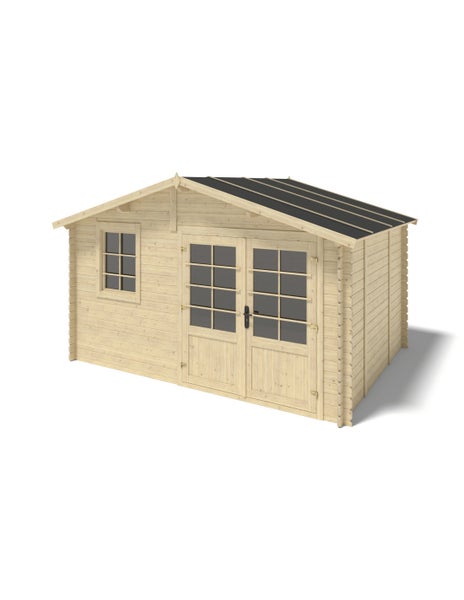 Gartenhaus aus hellem Holz mit Satteldach, Doppeltür mit Fensterausschnitten und einem Seitenfenster.