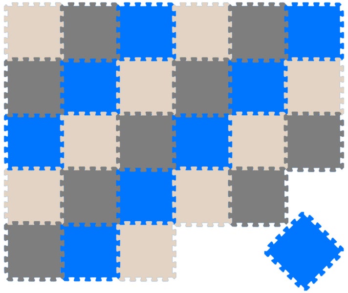 Ineinandergreifende Schutzmatten aus Schaumstoff in Beige, Grau und Blau mit Puzzlerand für den Bodenschutz.