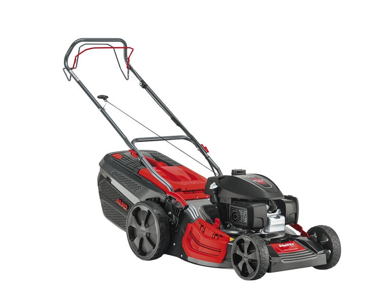 AL-KO Benzinrasenmäher mit Honda Motor und Grasfangkorb für die Gartenpflege.