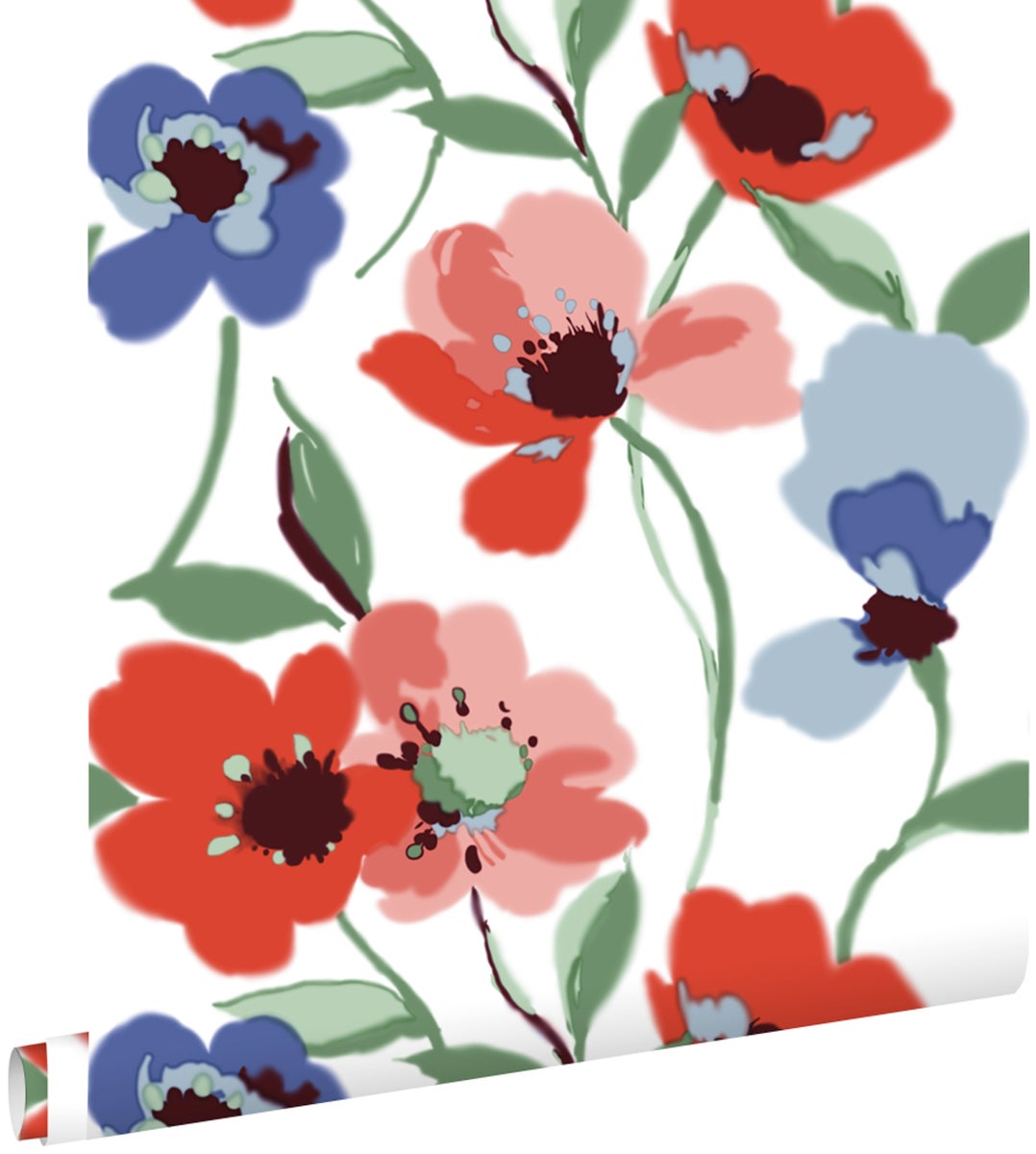 ESTAhome Tapete Mohnblumen Rot, Blau und Grün - 50 x 900 cm - 139289