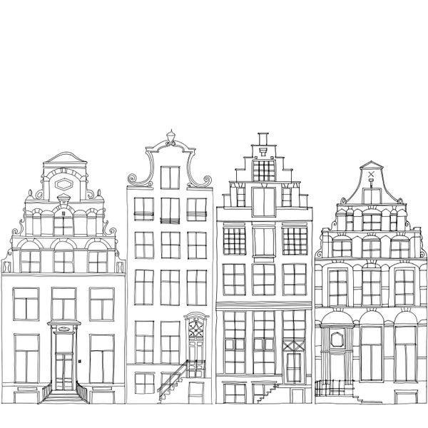 ESTAhome Fototapete gezeichnete Amsterdamer Grachtenhäuser Schwarz und Weiß - 300 x 279 cm - 159103