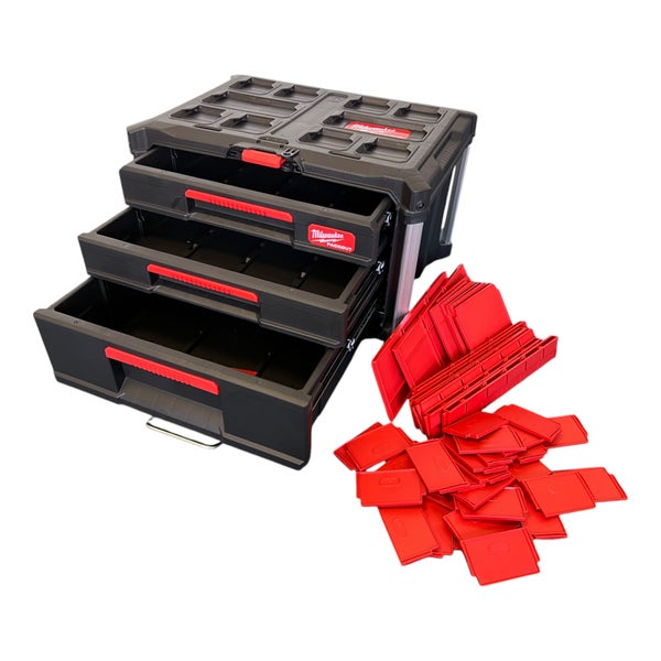 Milwaukee Packout Werkzeugbox mit drei Schubladen und roten Trennwänden. Milwaukee Logo.