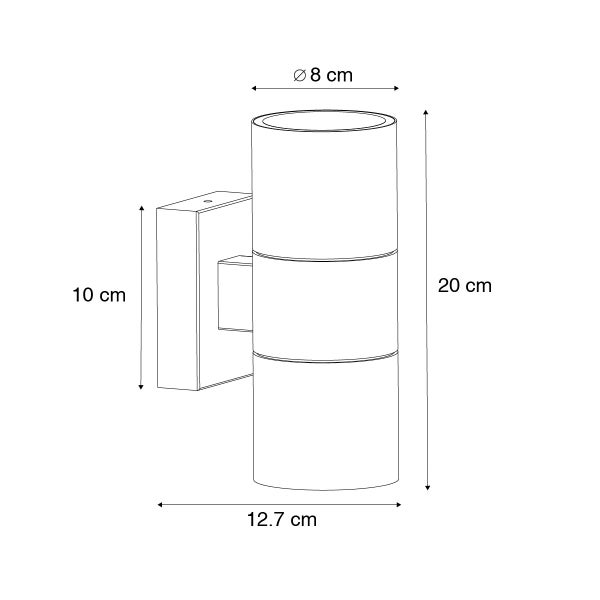 Technische Zeichnung einer zylindrischen Wandleuchte mit Maßen: Höhe 20 Zentimeter, Durchmesser 8 Zentimeter und Gesamtbreite 12,7 Zentimeter.