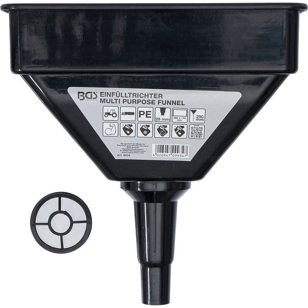 BGS Mehrzweck-Einfülltrichter aus schwarzem Polyethylen mit rechteckiger Öffnung und Filtersieb.
