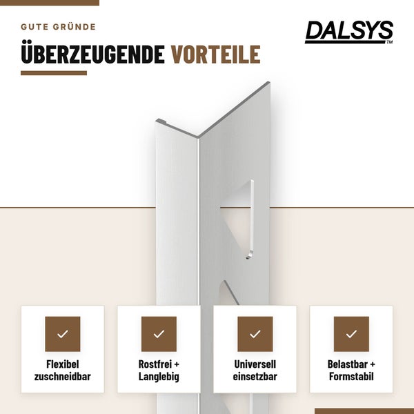 Dalsys Winkelschiene aus Edelstahl für Fliesen mit Vorteile Grafik und Logo