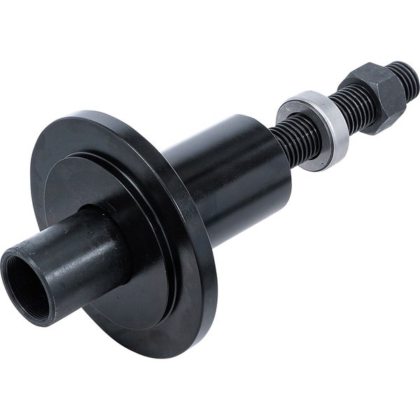 Mechanisches Werkzeug aus Metall mit Gewindestange, Sechskantmutter und rundem Flansch.