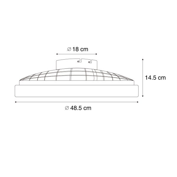 Maßzeichnung der Leuchte: Durchmesser oben 18 Zentimeter, Gesamtdurchmesser 48,5 Zentimeter, Höhe 14,5 Zentimeter.
