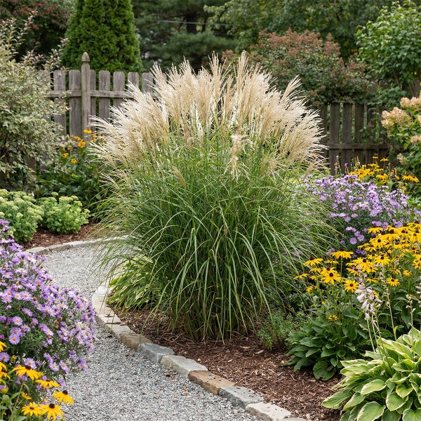 Blühendes Chinaschilf Miscanthus sinensis in einem Gartenbeet mit lila Astern und gelbem Sonnenhut neben einem Kiesweg.
