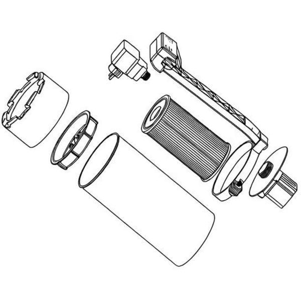 Explosionszeichnung einer Poolfilteranlage mit Gehäuse, Filterkartusche und Pumpenbaugruppe.