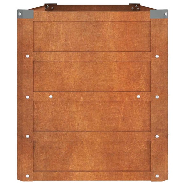 Hochbeet aus Cortenstahl mit horizontalen Paneelen und sichtbaren Nieten.