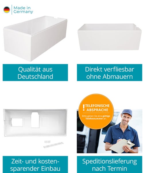 Calmwaters® Wannenträger 180 x 80 cm Modern Curved, Passend für Rechteck-Badewanne 180x80 cm, Styroporträger, Schall- und wärmedämmend, Direkt verfliesbar, Badewannenträger in Weiß, 03AX3362