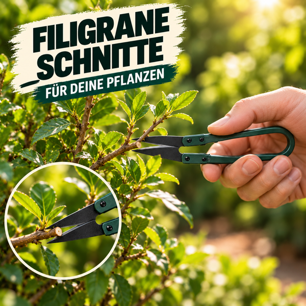 Eine Hand hält eine kleine Astschere beim Schneiden eines Zweiges an einem Strauch im Garten.