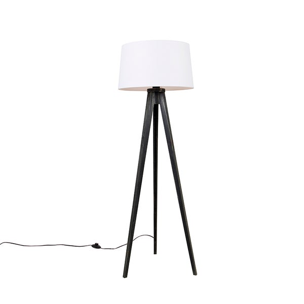 QAZQA - Klassisch I Antik Dreibeinstativ schwarz mit Leinenschirm weiß 45 cm - Dreibeinstativ Classic I Wohnzimmer I Schlafzimmer - Holz Länglich I Rund - LED geeignet E27