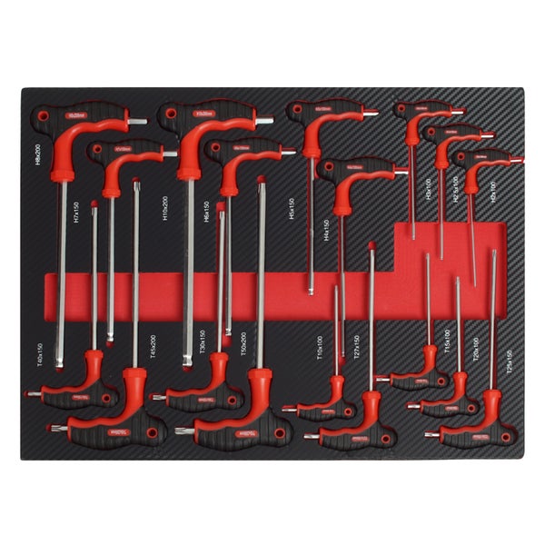 T-Griff Winkelschlüsselsatz in Schaumstoffeinlage, Sechskant- und Torx-Schlüssel mit ergonomischen Griffen für Werkstattwagen.
