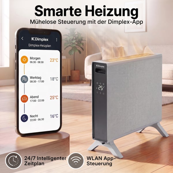 Dimplex Konvektor mit WLAN Steuerung über Smartphone App und 24 Stunden Zeitplan Funktion für ein smartes Zuhause.