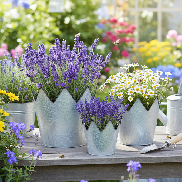 Drei verzinkte Metalltöpfe mit zackigem Rand, bepflanzt mit Lavendel und Margeriten, auf einem Holztisch in einem hellen, blühenden Garten.