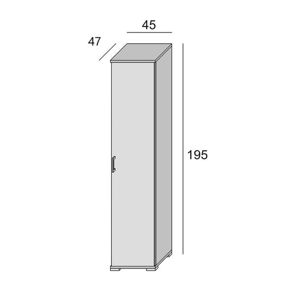 Abbildung eines schmalen Hochschranks mit den Maßen 45 x 47 x 195 cm.