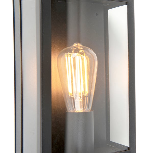 Schwarze Außenwandleuchte mit Metallgehäuse, Glaseinsätzen und leuchtendem LED-Filament-Leuchtmittel im Vintage-Stil.