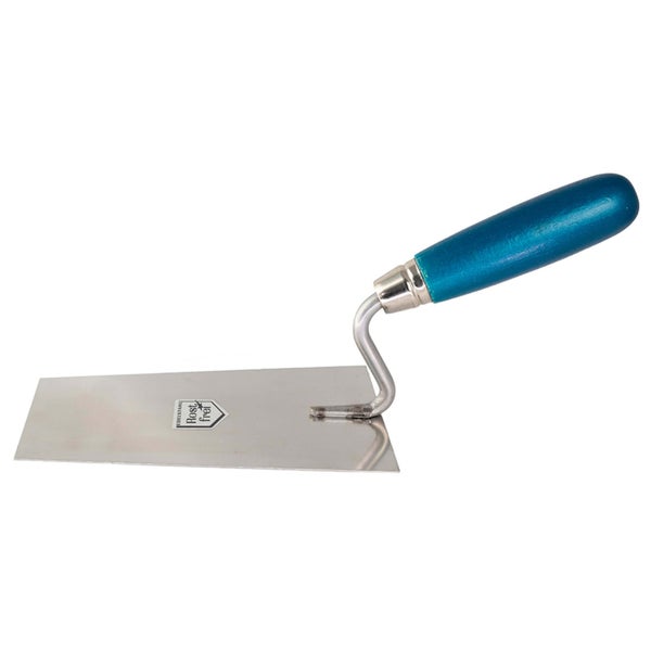 Trapezkelle aus rostfreiem Edelstahl mit blauem Holzgriff.