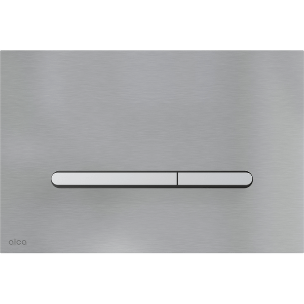 Alca Betätigungsplatte für WC-Zweimengenspülung aus gebürstetem Metall mit zwei horizontalen Drucktasten.