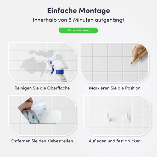 Montageanleitung in vier Schritten für selbstklebende Wandhaken: Oberfläche reinigen, Position markieren, Klebestreifen abziehen und festdrücken.
