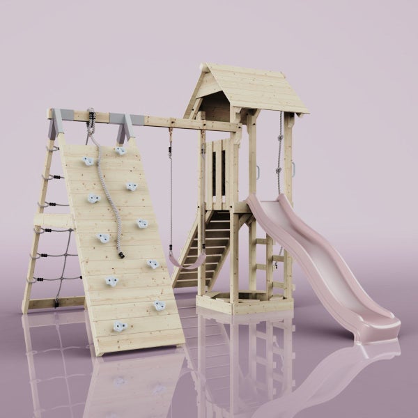 Spielturm aus Holz mit Rutsche, Schaukel und Kletterwand für den Garten